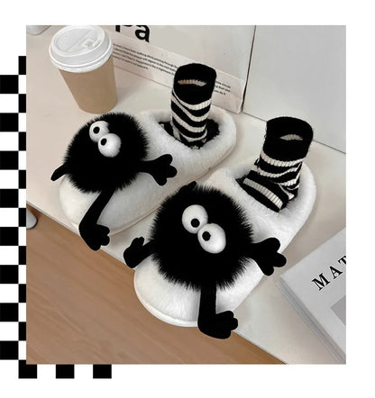 New Funny Slippers Women Plush Shoes Soft Bottom Home Cotton Shoes Woman Flip Flops Cute Cartoon Girls Furry Slippers