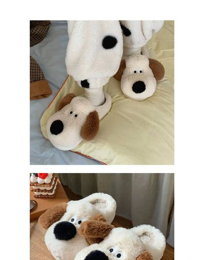 Women Home Soft Sole Cotton Slippers Cartoon Cute Dog Fluffy Slippers Female Winter Slides Ladies Plush Indoor Flats Flip Flops