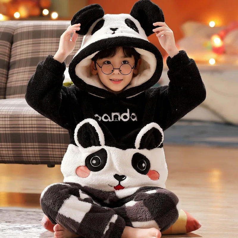 Winter Kids Fleece Pajamas Panda Children Clothing Sets Thick Hooded Pijamas for 4 6 8 12 Years Animal Cartoon Warm Home Clothes