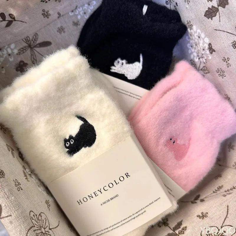 3 pairs of thick socks for women in autumn winter thick plush warm mid tube socks cartoon cute cat comfortable socks