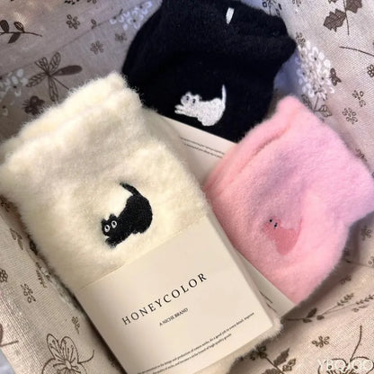 3 pairs of thick socks for women in autumn winter thick plush warm mid tube socks cartoon cute cat comfortable socks