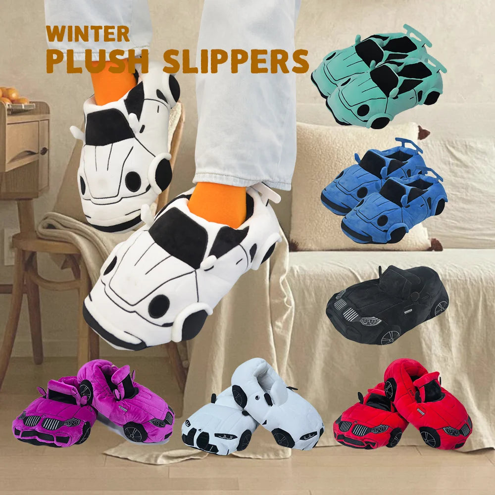 10 COLORS Vehicle Shape Plush Slippers Women Men Cartoon Car Warm Soft House Shoes Birthday Party Indoor Slipper