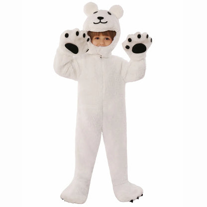 4-11Y Child Kids White Polar Bear Costume Jumpsuit for Boys Girls Unisex Animal Themed Party Cosplay Furry Fleece