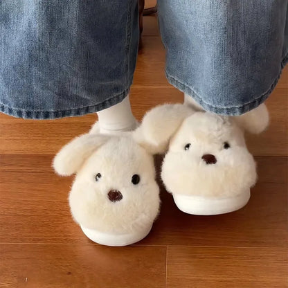 White fluffy dog slippers home cute animal girls flip flops woman home use floor mules warm winter plush puppy shoes