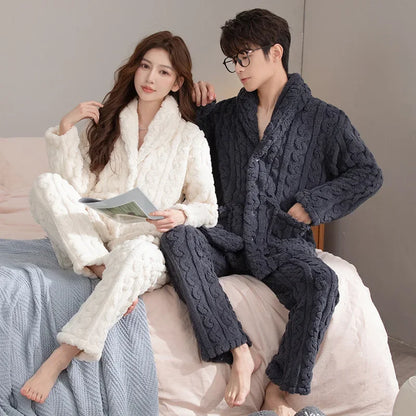 Thickened Coral Fleece Flannel Pajamas Set for Men And Women Home Clothes Comfortable Long Sleeve Sleepwear Winter Autumn