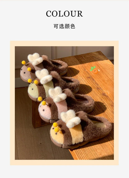 Cute Bee Winter Home Plush Slippers Women's Cotton Slippers Low Heel Soft Bottom Home Shoes Anti-slip Furry Comfortable Footwear