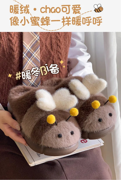 Cute Bee Winter Home Plush Slippers Women's Cotton Slippers Low Heel Soft Bottom Home Shoes Anti-slip Furry Comfortable Footwear