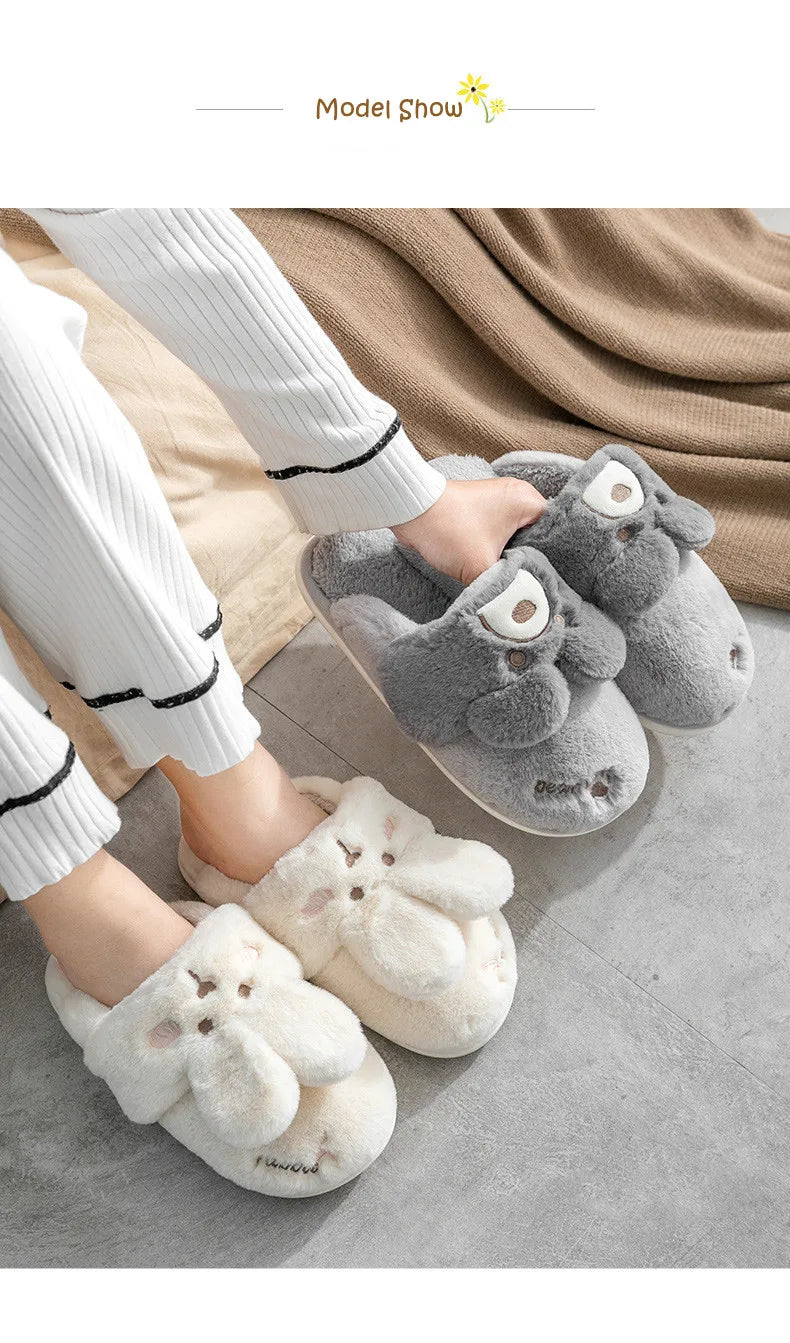Women Winter Home Slippers Non-Slip Soft Warm House Shoes Men Ladies Indoor Bedroom Couples Cartoon Rabbit Bear Floor Slides