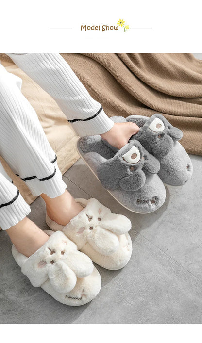 Women Winter Home Slippers Non-Slip Soft Warm House Shoes Men Ladies Indoor Bedroom Couples Cartoon Rabbit Bear Floor Slides