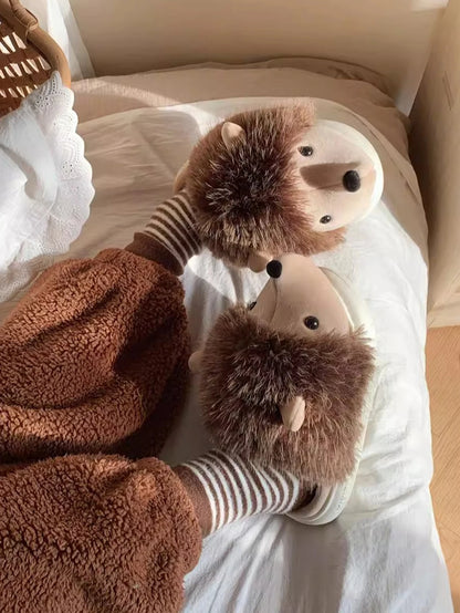 Cute Creative Fun Hedgehog Design Women Winter New Slippers Casual Soft Heel Platform Fur Warm Indoor Comfortable Home Slippers