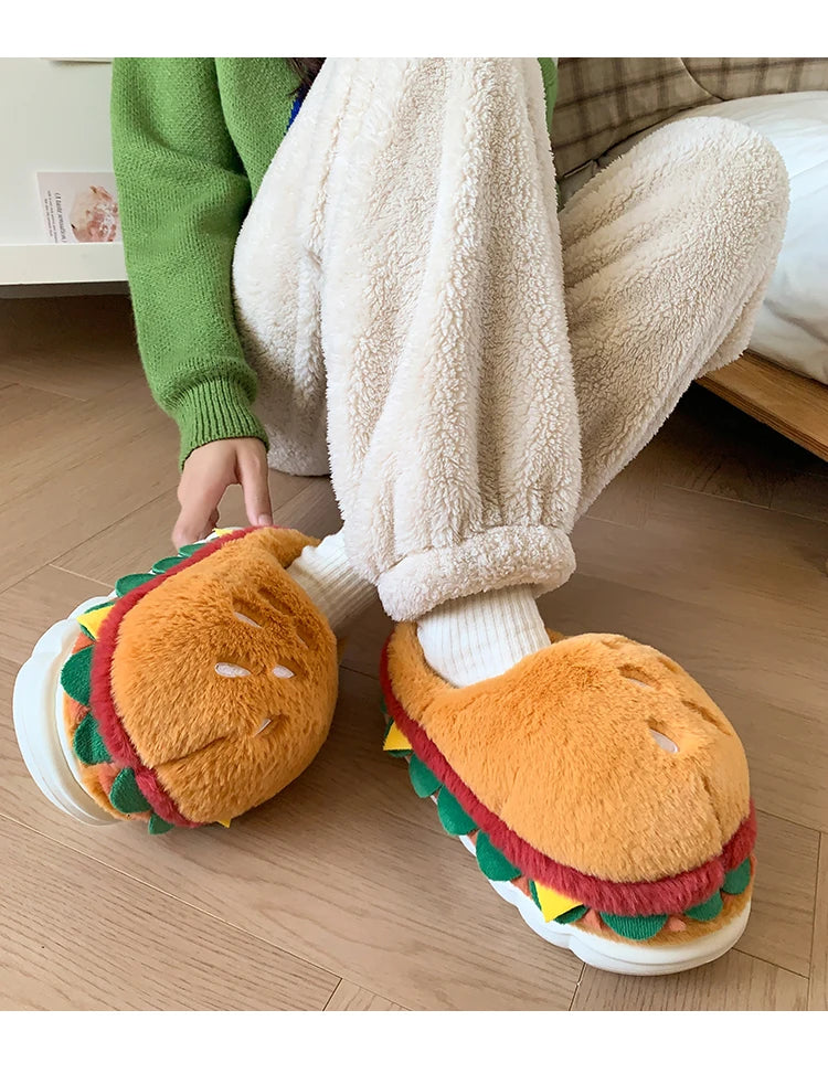 Hamburger cotton slippers for women in winter, new home bag and warm plush couple cotton shoes for women