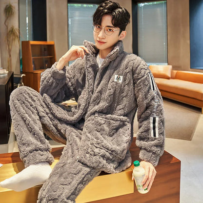 2 piece men's sleepwear long sleeved pants autumn and winter coral fleece thick jacquard fabric Pajama home suit set