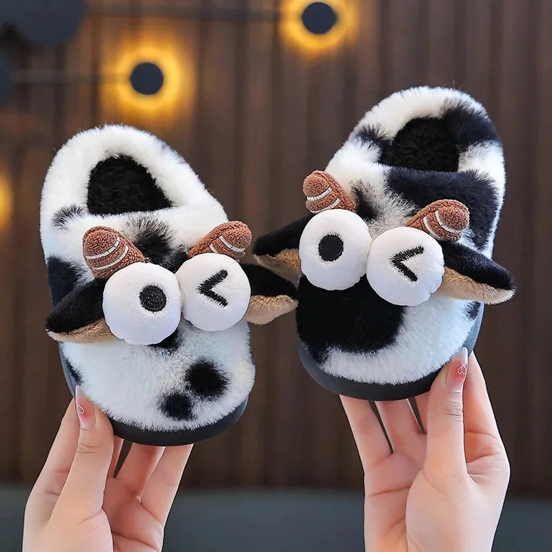 2024 New Style Children's Cotton Slippers Indoor Home Use Fall/Winter Anti-Slip Cute Little Cow Slippers Outer Wear PVC Material
