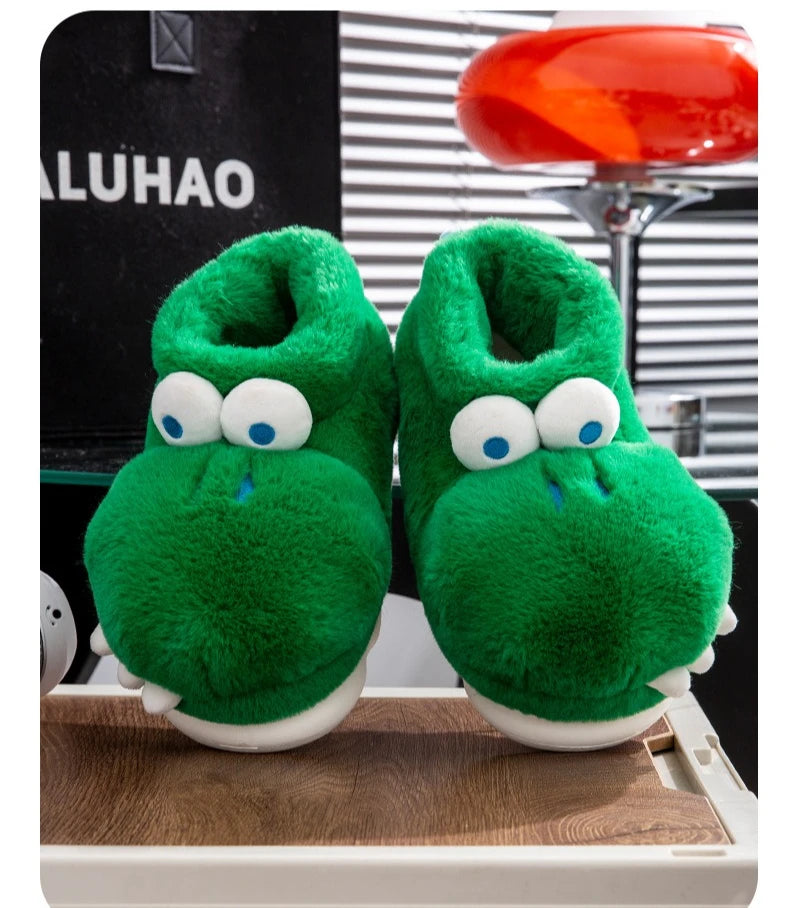 Winter Warm Shoes Woman Men Indoor Fluffy Slippers Cute Cartoon Crocodile Thick Sole Soft Plush Couples Home Floor Snow Boots