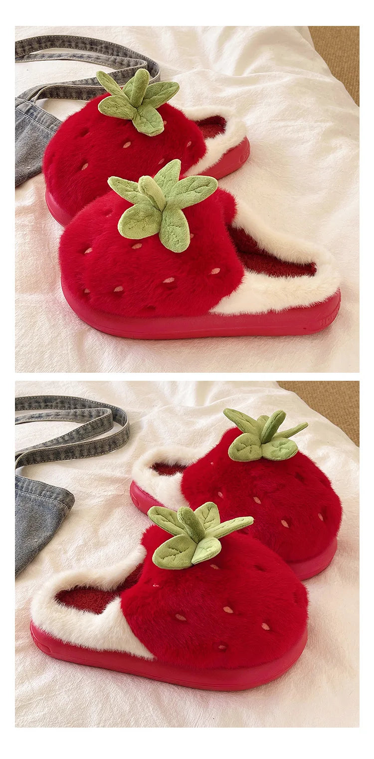 Cute Strawberry Fluffy Slippers Women's Indoor Home Warm Thick Bottom Anti-slip Outdoor Wearable Slip-On Indoor Slippers