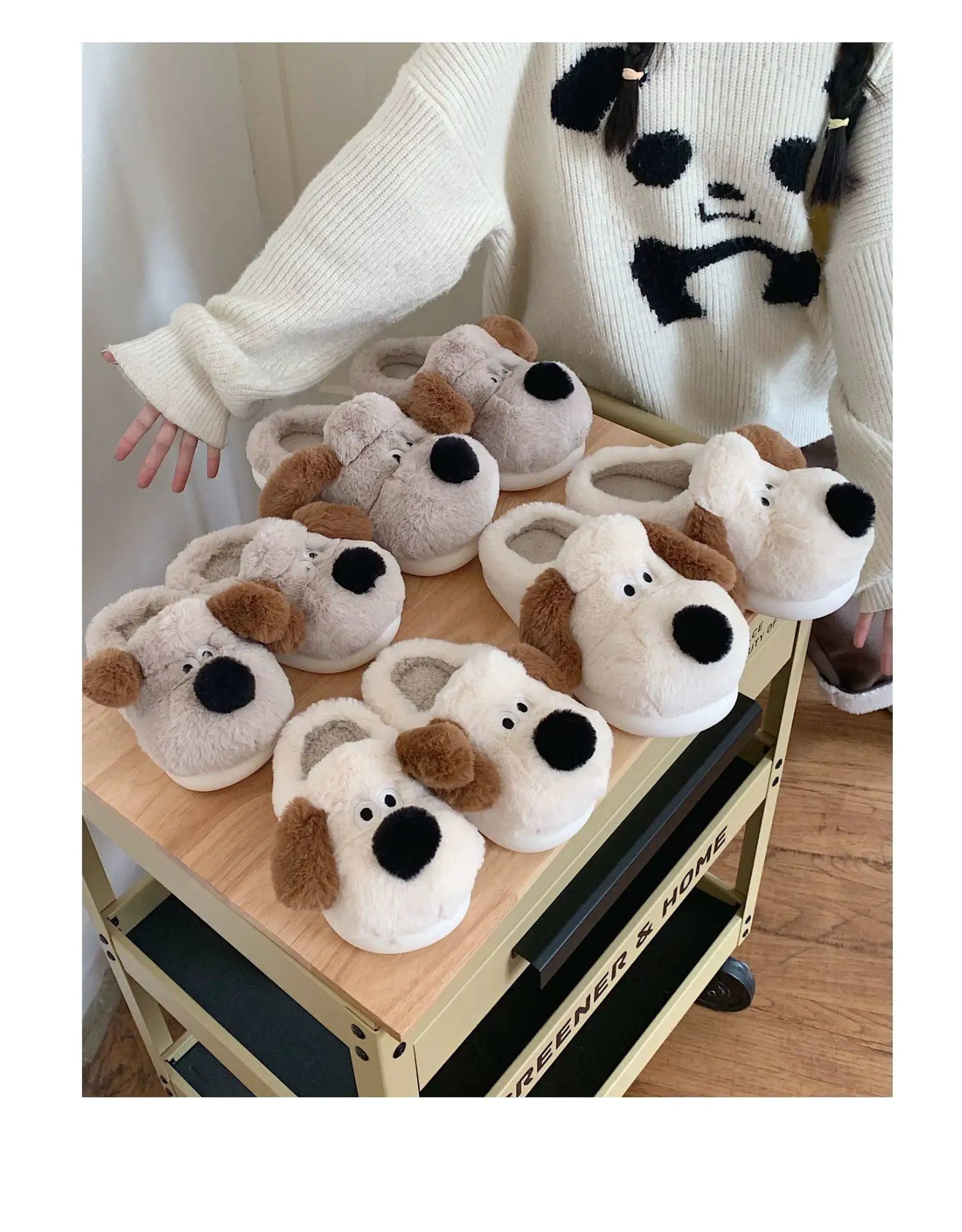 Women Home Soft Sole Cotton Slippers Cartoon Cute Dog Fluffy Slippers Female Winter Slides Ladies Plush Indoor Flats Flip Flops