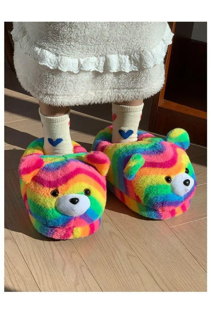 2025 Women's Home Slippers Sweet Fluffy Rainbow Bear Lady slippers indoor Anti slip lightweight keep warm Winter House Shoes 44
