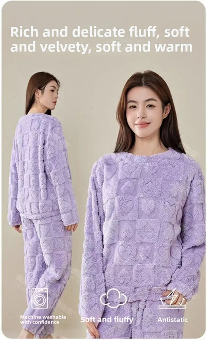 Women's Coral Fleece Sleepwear Loose Thick Home Clothes Autumn Winter New Style Warm Heart Set Outdoor Wear Fairy Style