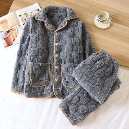 Thickened Flannel Sleepwear Long Sleeve Home Clothes Set for Couples Autumn Winter Warm Home Clothes Polyester Fiber