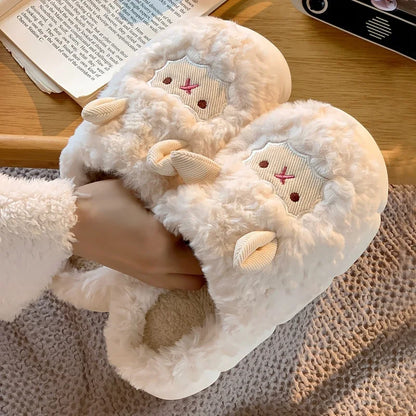 Cute Sheep Plush Slippers For Women Men Fashion Kawaii Fluffy Winter Warm Slides Lovers Cartoon Comfortable House Shoes