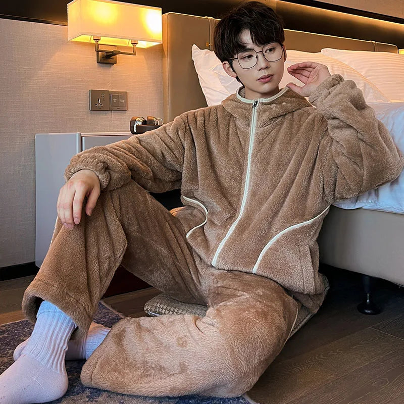 6XL 7XL 8XL Winter Men's Hooded Homewear Heavy Plus Velvet Zipper Cardigan Plus Size Pajamas Pants Keep Warm White Black Suit