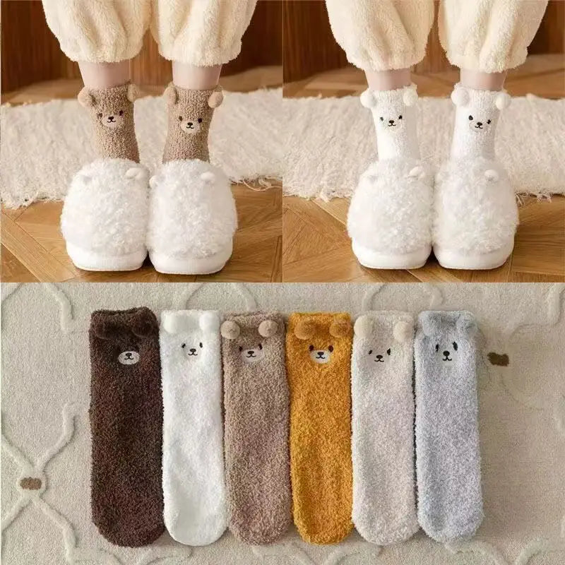 6 pairs of autumn winter coral fleece socks warm bear thick embroidery cartoon simple  comfortable mid tube socks