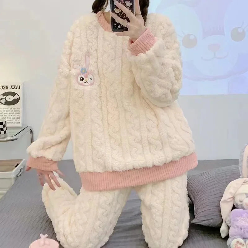 2024 New Women's Sleepwear Autumn/Winter Thickened Fleece-Lined Sweet Cute Coral Velvet Home Suit Cross-Border