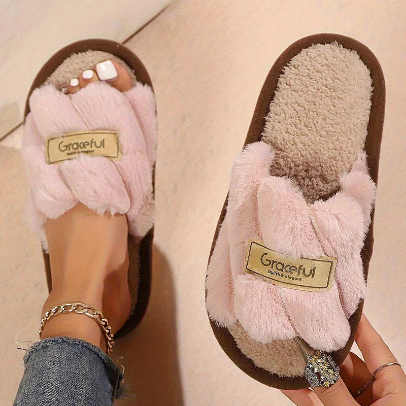 Women's Plush Fuzzy Slippers Home Fur Open-Toe Slides Autumn Winter Indoor Silent Comfort EVA Soft-Soled Bedroom Warm Flip Flops