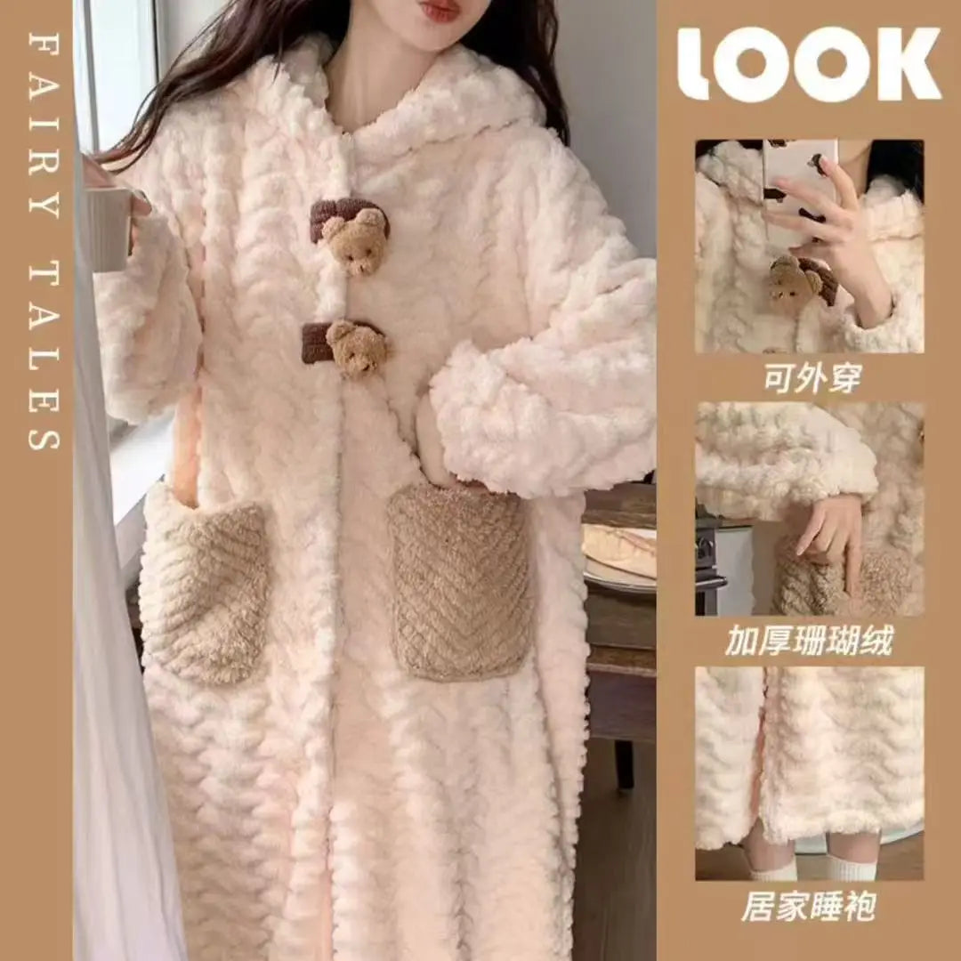 Korean Style Long Hooded Coral Fleece Sleepwear Women's Thickened Autumn Winter New Arrival Comfortable Home Leisure Robe