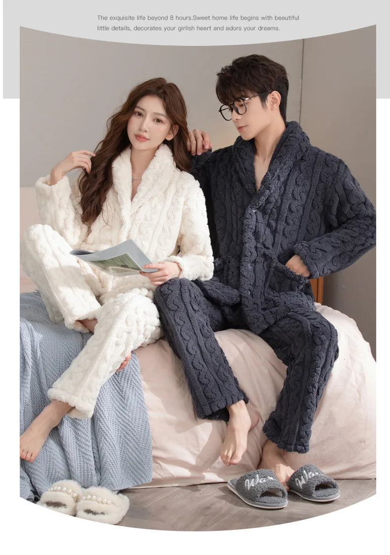 Thickened Coral Fleece Flannel Pajamas Set for Men And Women Home Clothes Comfortable Long Sleeve Sleepwear Winter Autumn