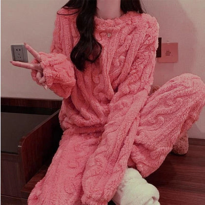 Autumn Winter Sweet Coral Fleece Pajamas Women Fleece-lined Thickened 2025 New Zip-up Flannel Warm Home Wear Set