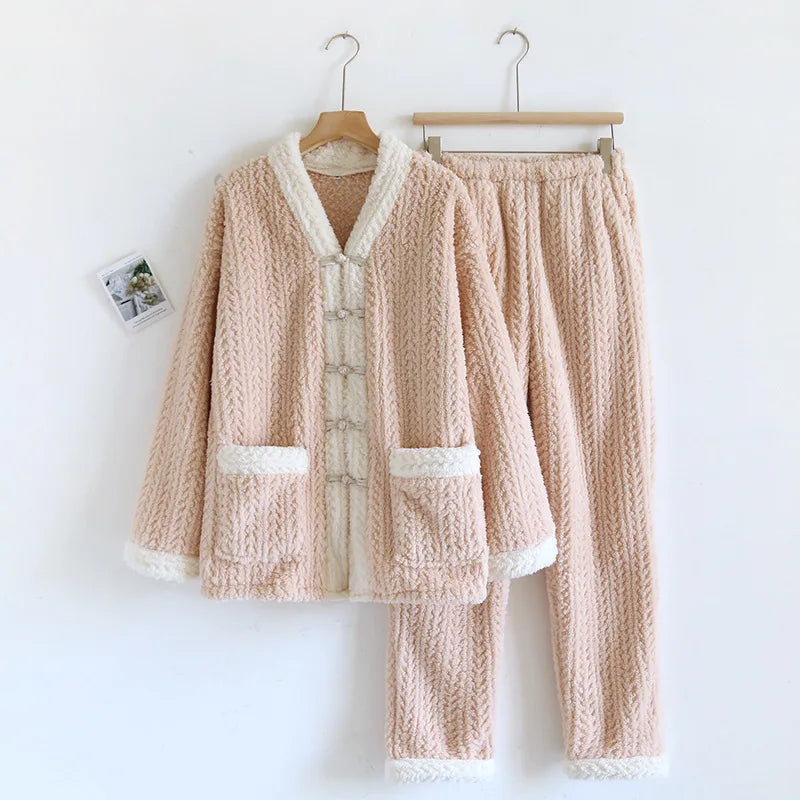 2025 Autumn/Winter New Women's Pajama Set Flannel Thickened Warm Cute Long Sleeve Pants Two Piece Coral Fleece Home Fur Women