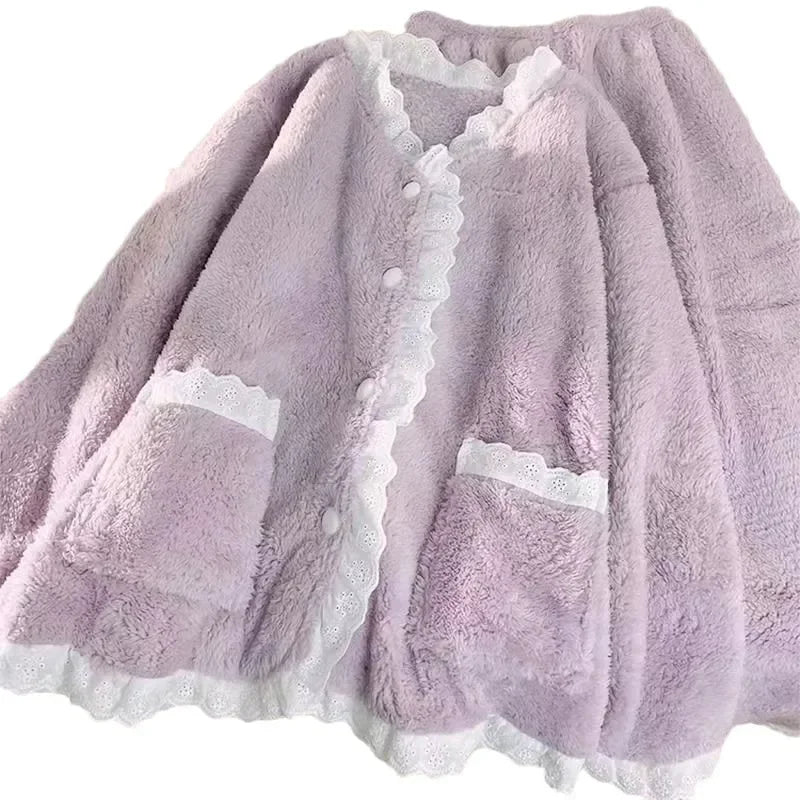 2024 New Women's Sleepwear Autumn/Winter Thickened Fleece-Lined Sweet Cute Coral Velvet Home Suit Cross-Border