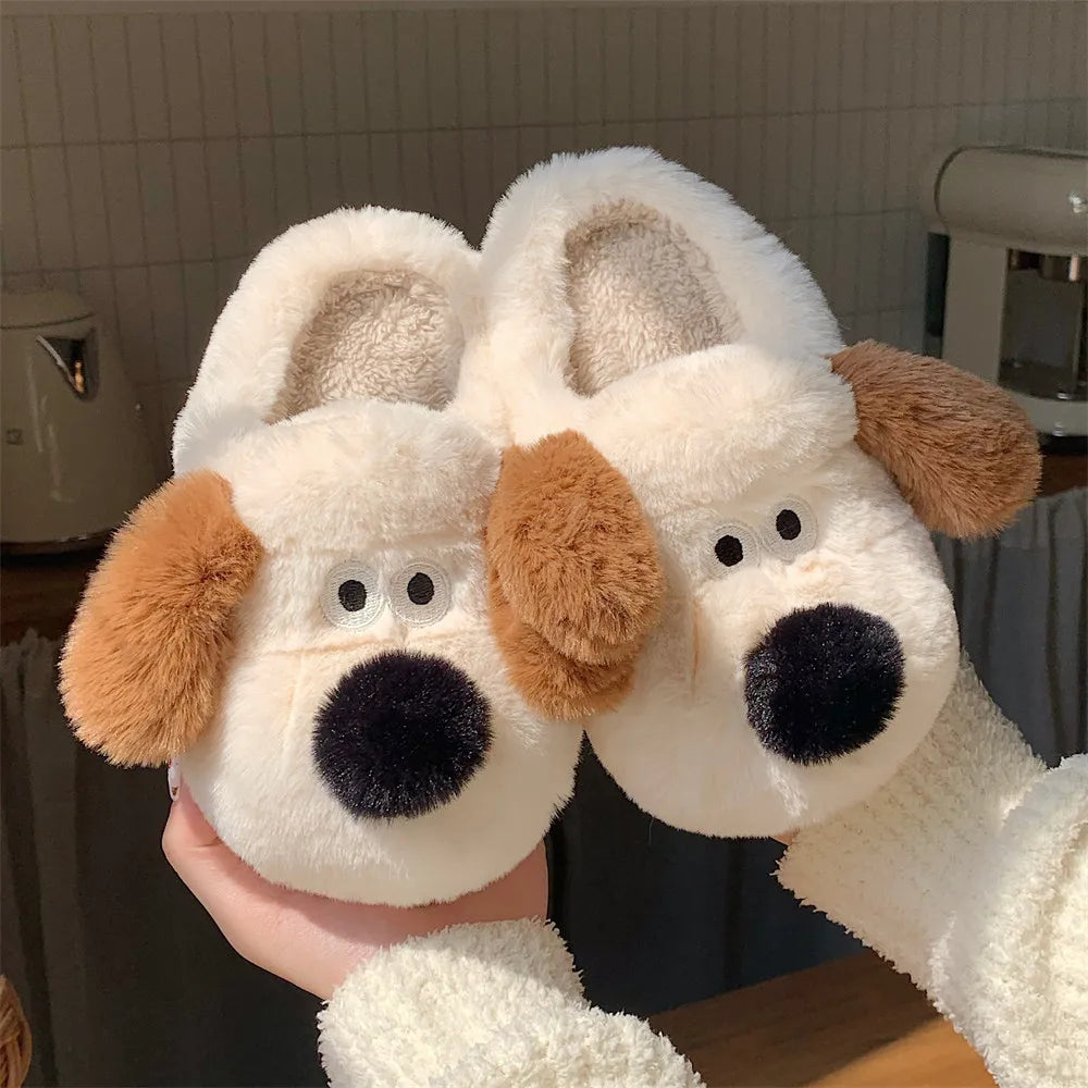 Women Home Soft Sole Cotton Slippers Cartoon Cute Dog Fluffy Slippers Female Winter Slides Ladies Plush Indoor Flats Flip Flops