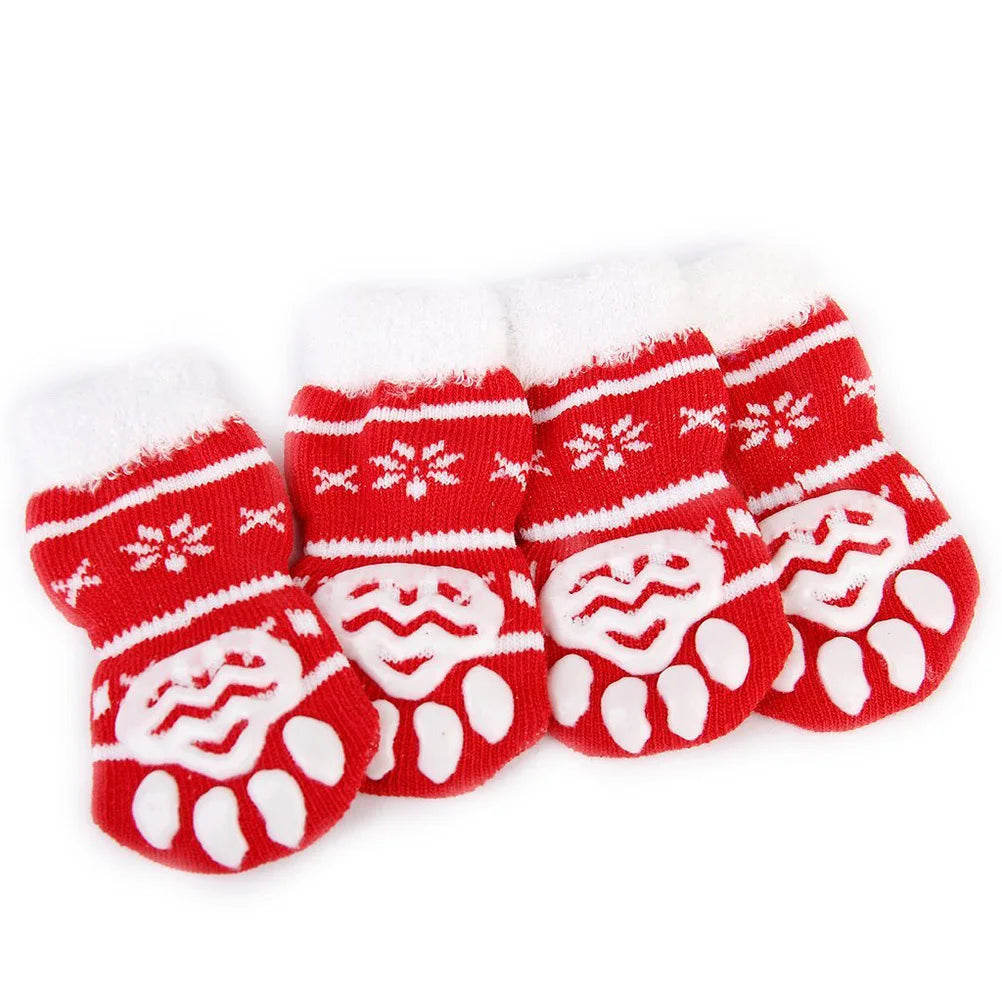4pcs Christmas Dog Cat Non-Slip Cotton Rubber Red S Anti-Slip Claw Pattern Paws Clean Soles Warmth Pet Cotton Christams Pet