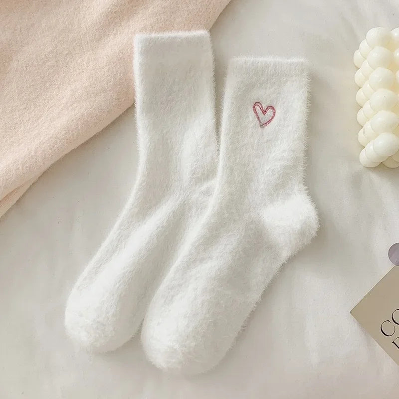 Thickened Middle Tube Socks Mink Fur Pink Embroidered Heart-shaped Women Autumn Winter Warm Sleep Home Solid Color Plush Sock