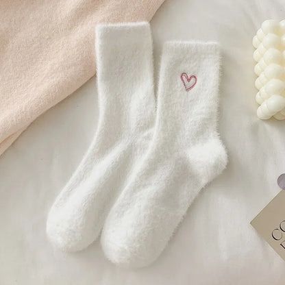 Thickened Middle Tube Socks Mink Fur Pink Embroidered Heart-shaped Women Autumn Winter Warm Sleep Home Solid Color Plush Sock