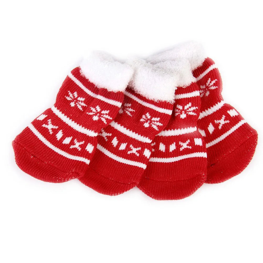 4pcs Pet Cotton Socks M Size Red White Anti-Slip Rubber Sole Winter Warmth For Dogs Cats Christmas Style Doggie Socks