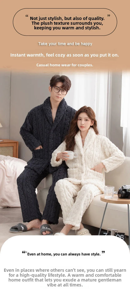 Thickened Coral Fleece Flannel Pajamas Set for Men And Women Home Clothes Comfortable Long Sleeve Sleepwear Winter Autumn