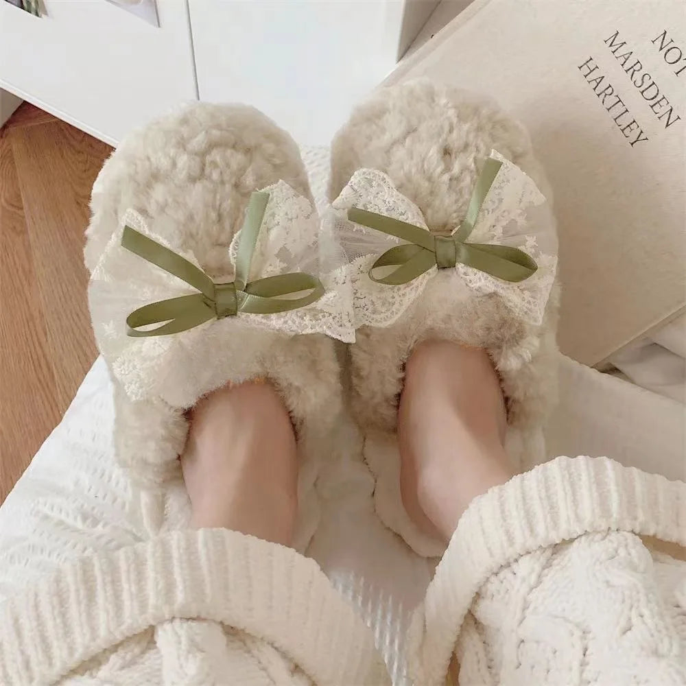 Winter Warm Fur Slippers for Women Cute Bow House Non Slip Soft Shoes Comfort Flat Heel Home Indoor Bedroom Plush Cotton Slides