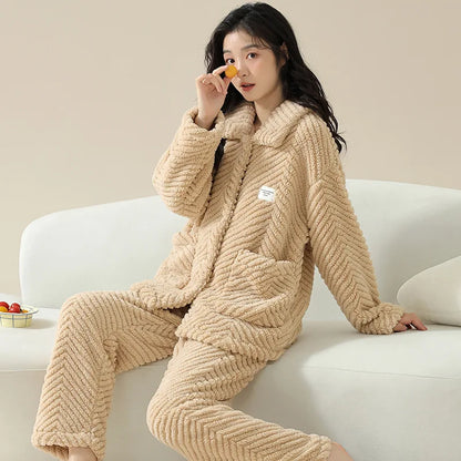 Warm Flannel Sleepwear Set for Women Long Sleeve Long Pants Casual Collar Can Be Worn outside Home Clothes Winter Collection