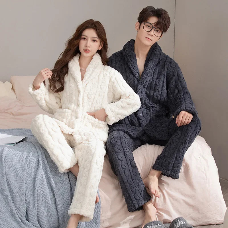 Thickened Coral Fleece Flannel Pajamas Set for Men And Women Home Clothes Comfortable Long Sleeve Sleepwear Winter Autumn