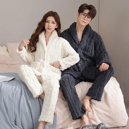 Thickened Coral Fleece Flannel Pajamas Set for Men And Women Home Clothes Comfortable Long Sleeve Sleepwear Winter Autumn