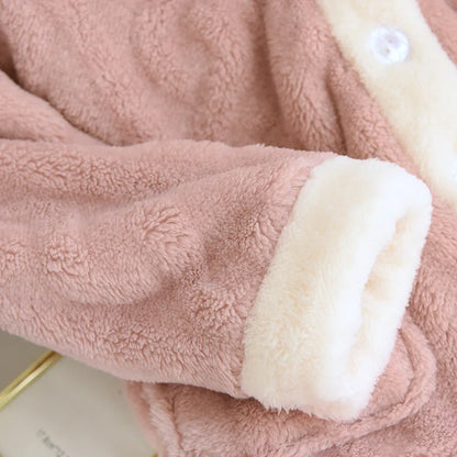 Thickened Flannel V-Neck Couple Sleepwear Long Sleeve Home Clothes Set for Autumn Winter Warm Polyester Fiber Open Cardigan