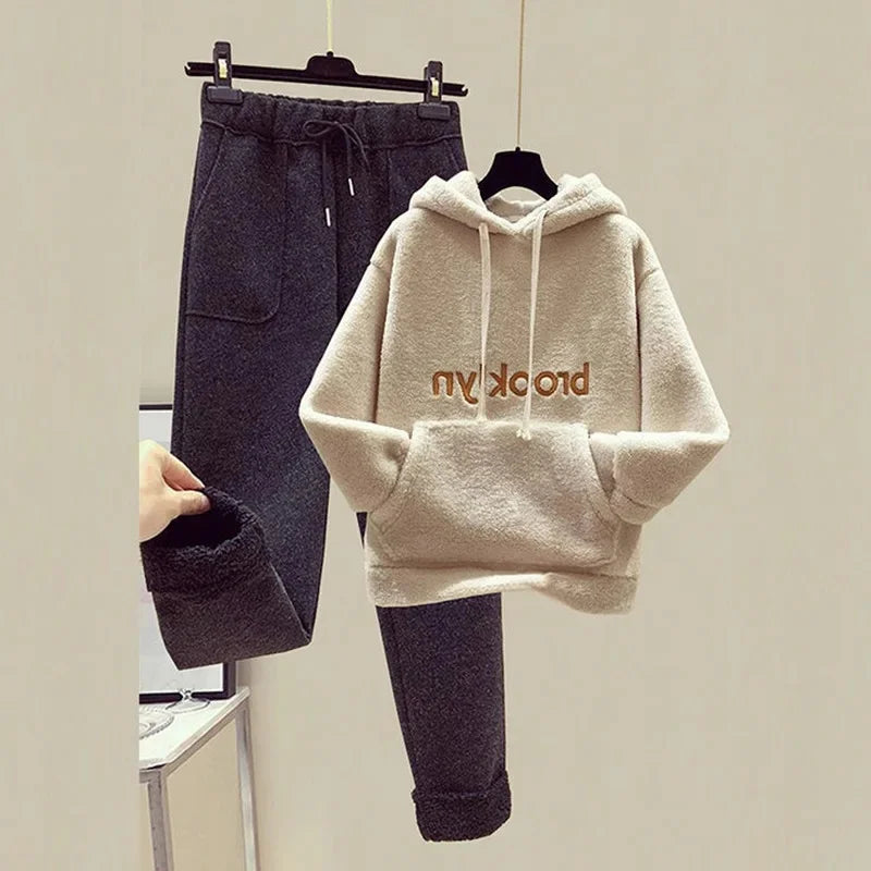 Thickened Lamb Velvet Set Women's Autumn Winter New Embroidery Sweatshirt Women's + Wool Wide Leg Pants Women Two Piece Set