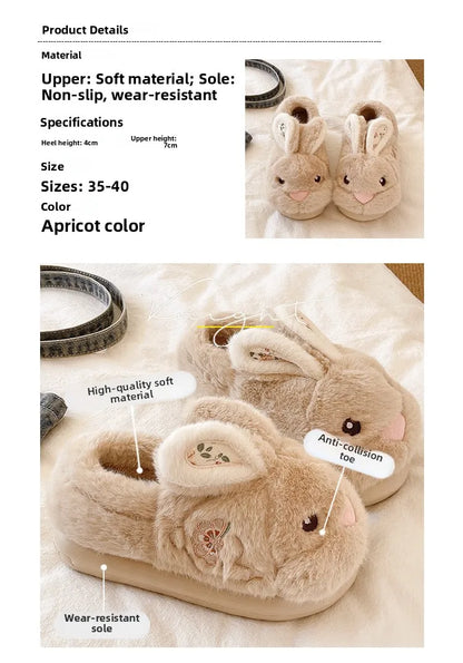 Cute Rabbit Embroidery Cotton Slippers Women's Winter New Style Indoor Home Anti-slip Warm Plush Wrapped Heel Cotton Shoes Ou...