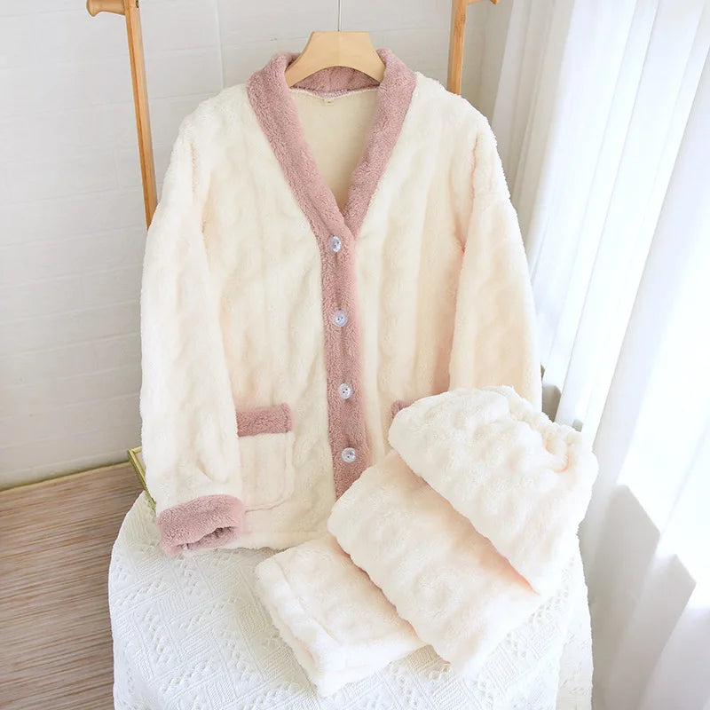 Thickened Flannel V-Neck Couple Sleepwear Long Sleeve Home Clothes Set for Autumn Winter Warm Polyester Fiber Open Cardigan