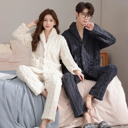 Thickened Coral Fleece Flannel Pajamas Set for Men And Women Home Clothes Comfortable Long Sleeve Sleepwear Winter Autumn