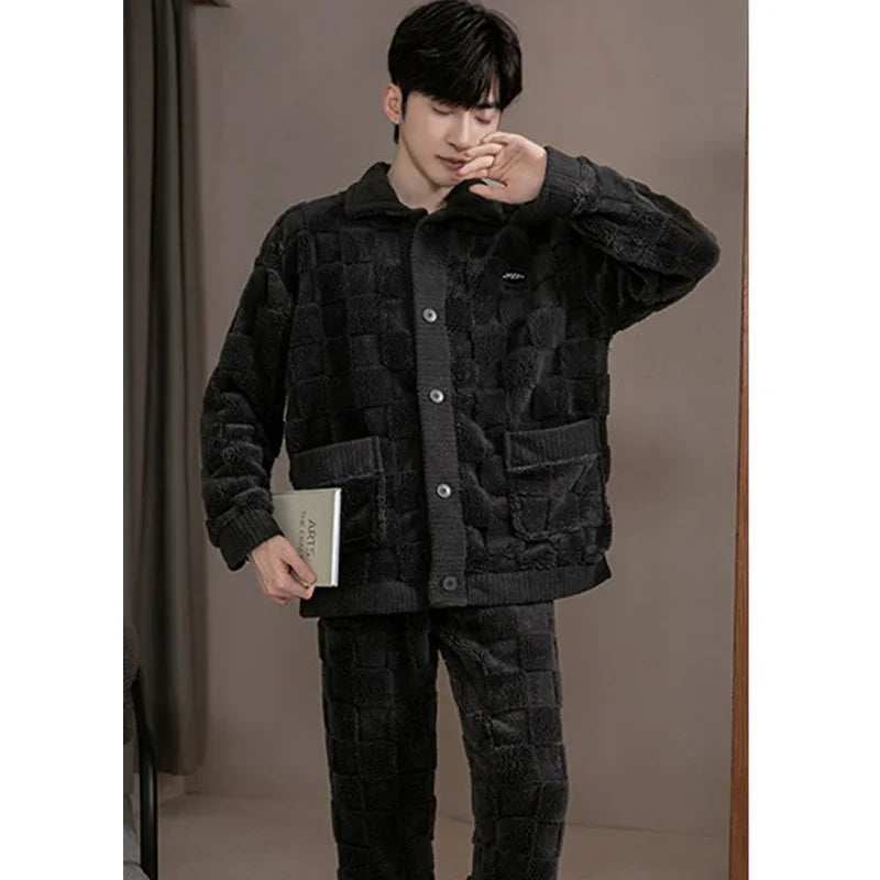 2Pcs/set men's pajamas autumn and winter padded and thickened warm long-sleeved trousers coral fleece homewear men's clothing