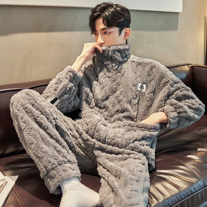 2 piece men's sleepwear long sleeved pants autumn and winter coral fleece thick jacquard fabric Pajama home suit set
